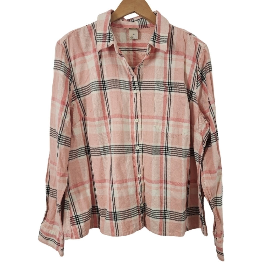 Duluth Trading Co. Pink Flannel Plaid Button Down Short Sleeve Women's Shirt XL